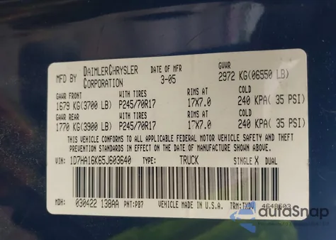 2005 Dodge Ram 1500 St from USA, damaged, VIN 1D7HA16K65J603640